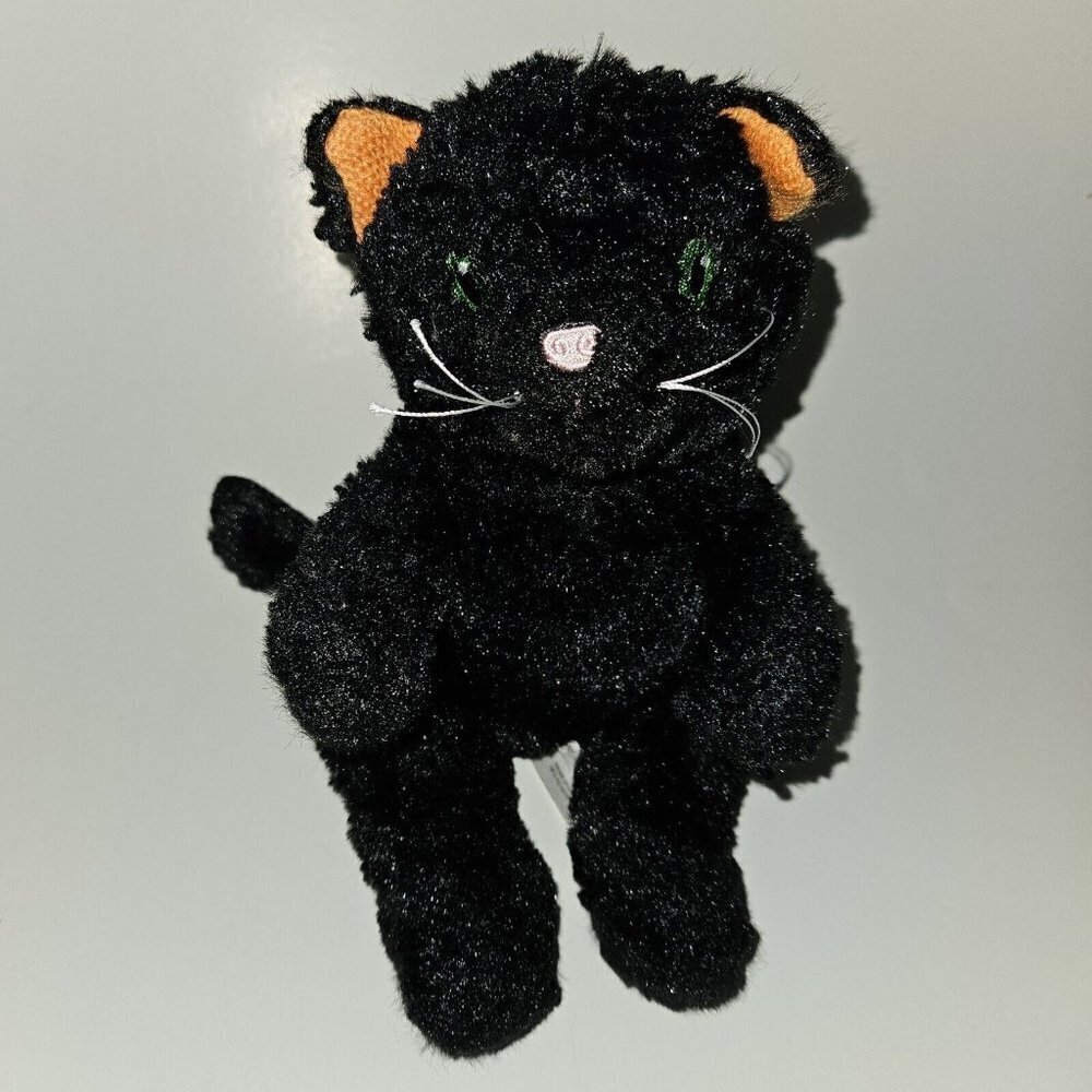Pier 1 Solid Black Kitty Cat Plush 8" Stuffed Animal Sewn Green Eyes Halloween